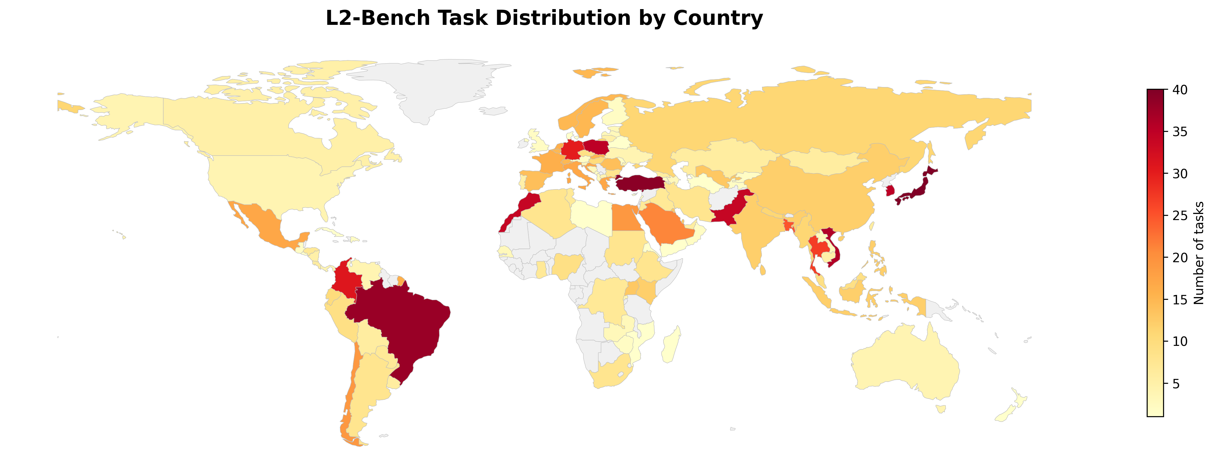 World map showing the geographic distribution of L2-Bench tasks; darker shading indicates countries with more tasks set in that location.